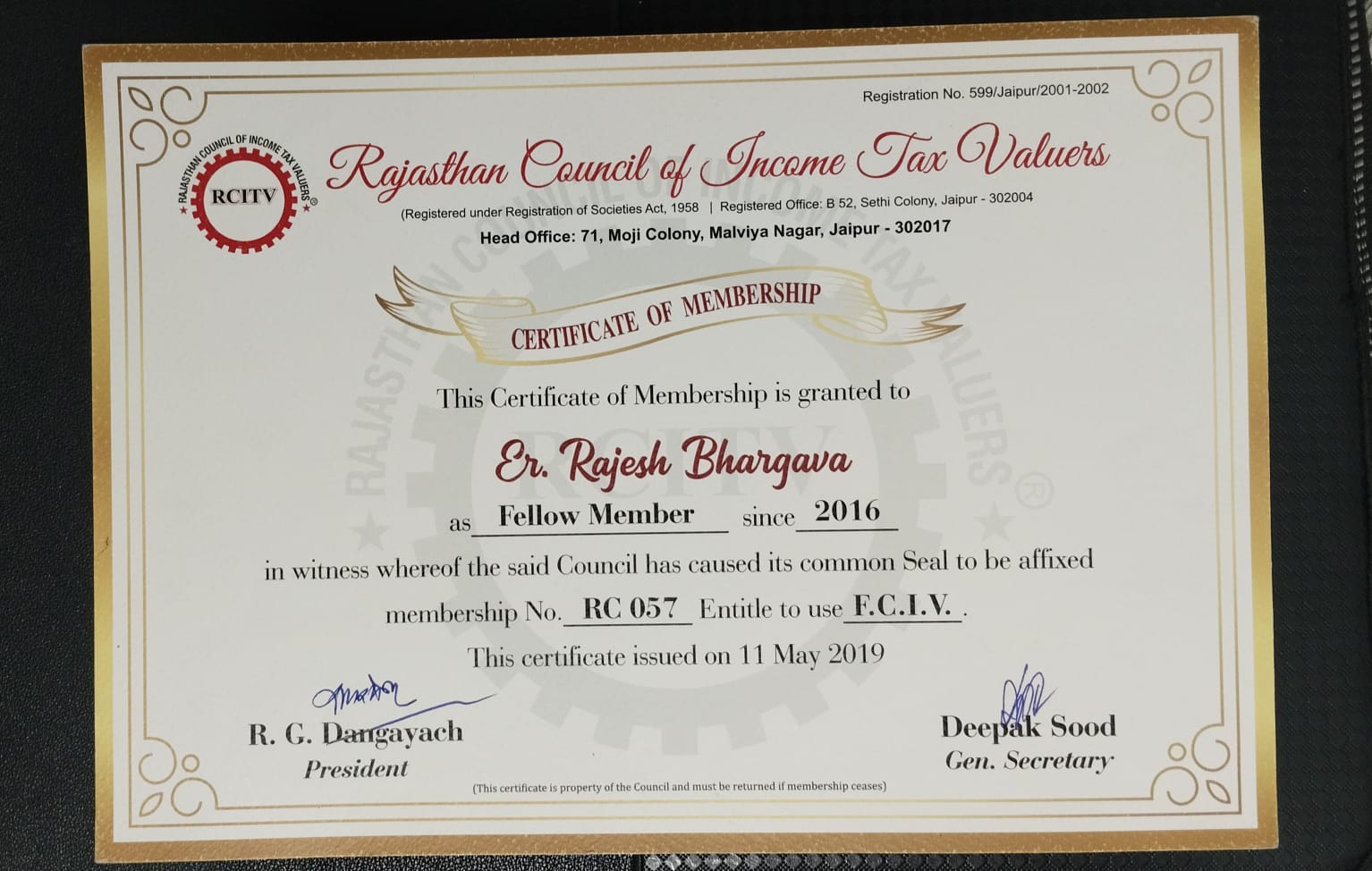 Certificate of Membership — Rajasthan Council of Income Tax Valuers